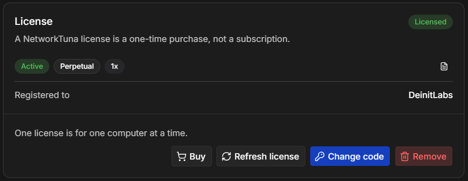 A registered copy: an active perpetual license for one computer, and who it is registered to. The License section with an active perpetual license
