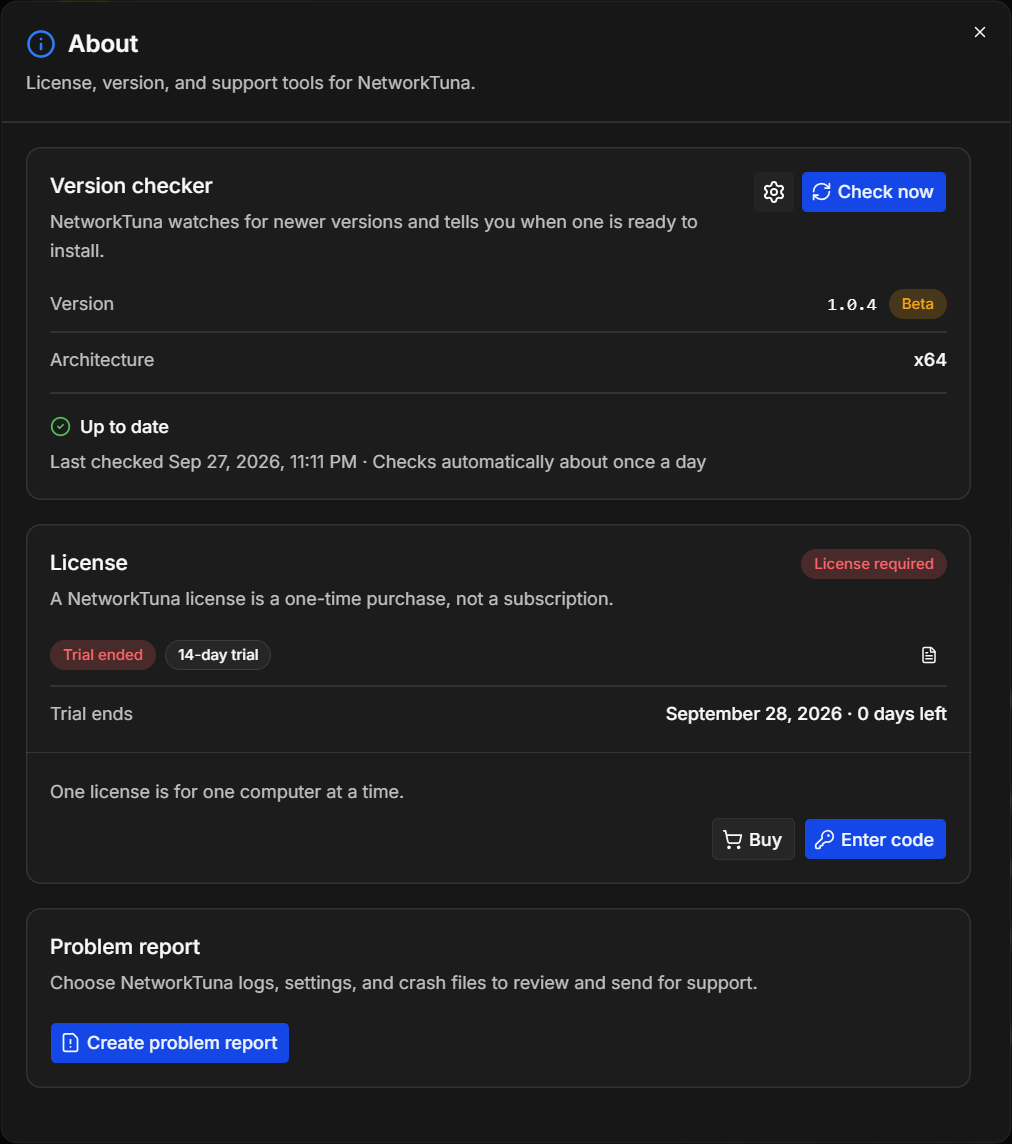 About: the License section shows the state of the trial, with Buy and Enter code. The About window with the License section after the trial ended