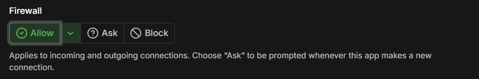 The firewall setting in the app details window. The arrow next to Allow offers temporary access. The Allow, Ask and Block buttons in the app details window