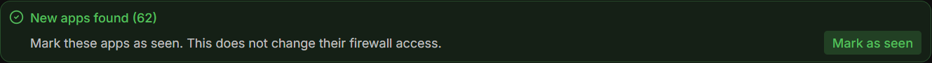 The New apps found banner with the Mark as seen button