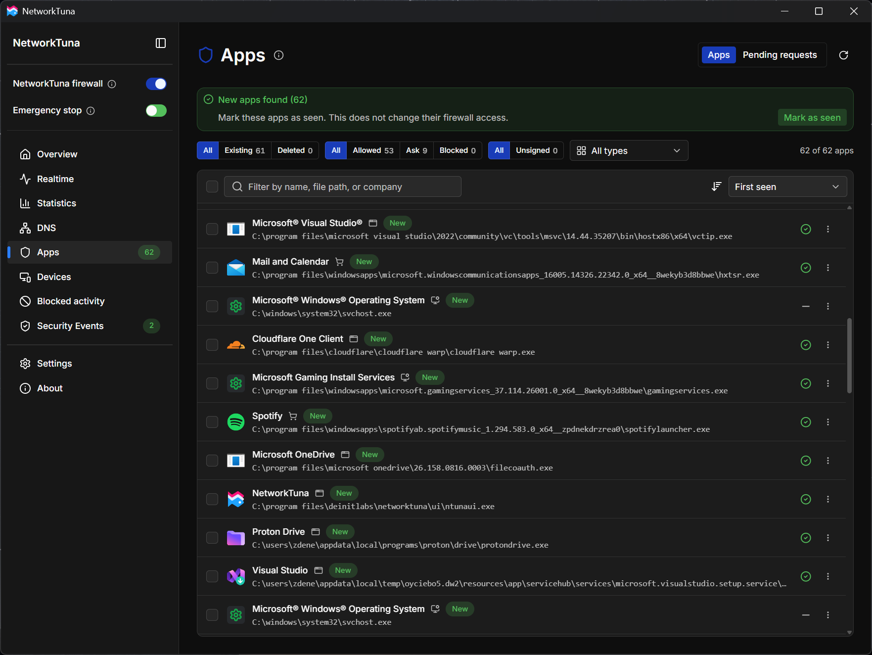 The Apps page with the New apps found banner, the filters and the app list