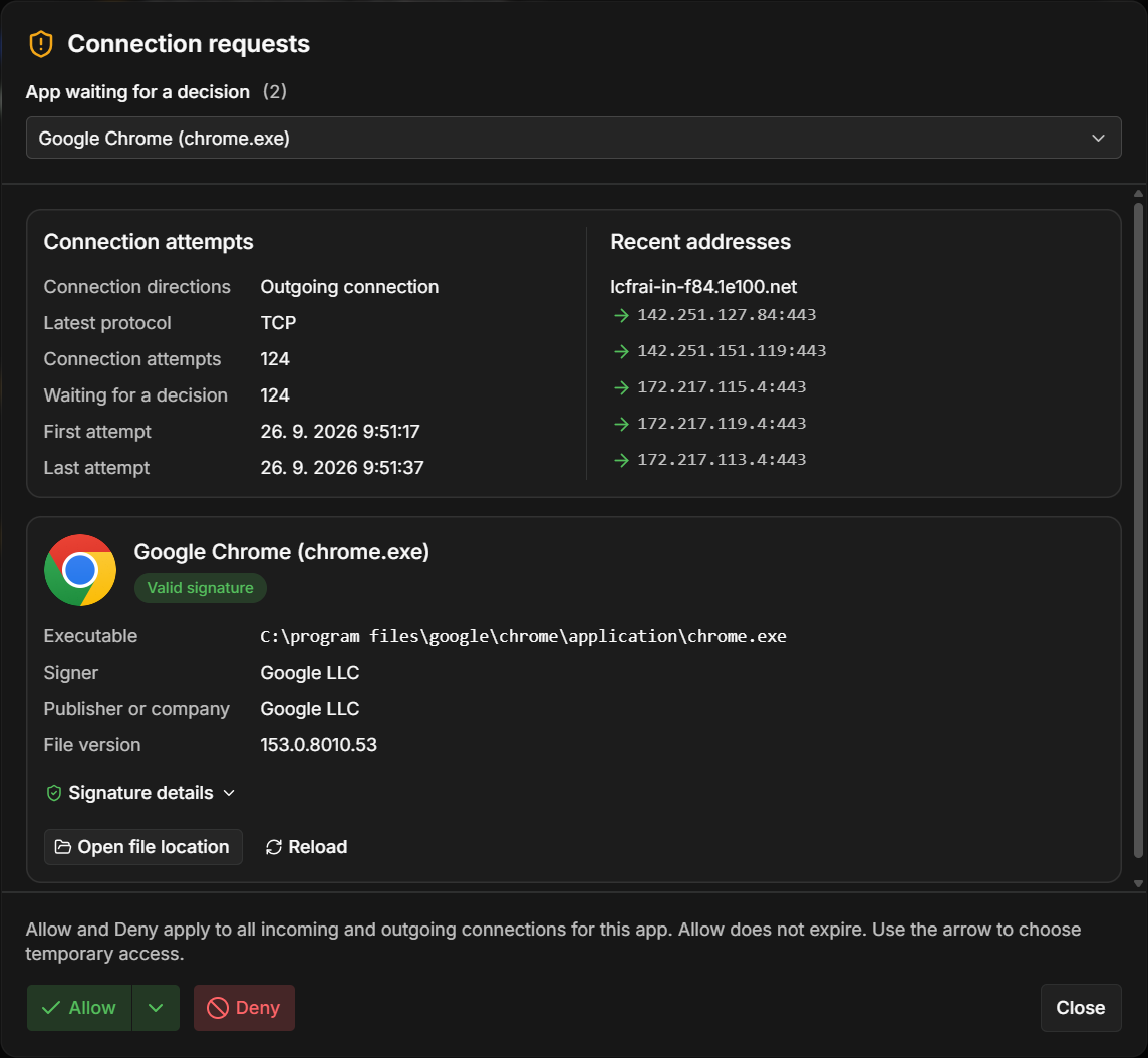 The connection request window for Google Chrome