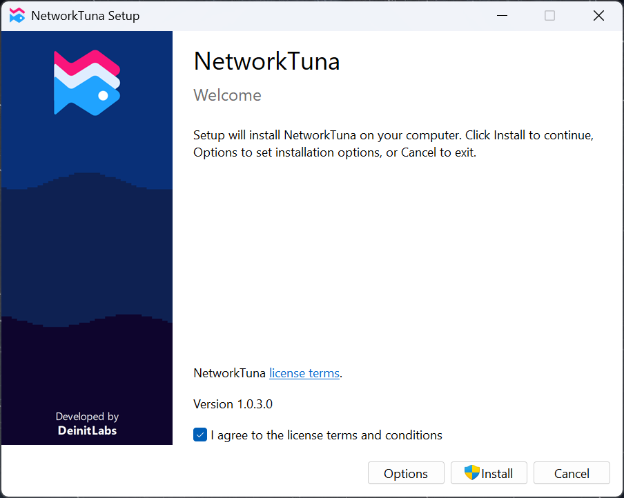 The NetworkTuna Setup welcome page with the license agreement