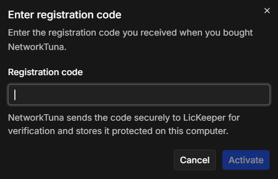 The Enter registration code window