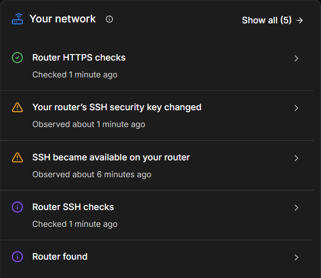 The Your network panel while a changed SSH key waits for review