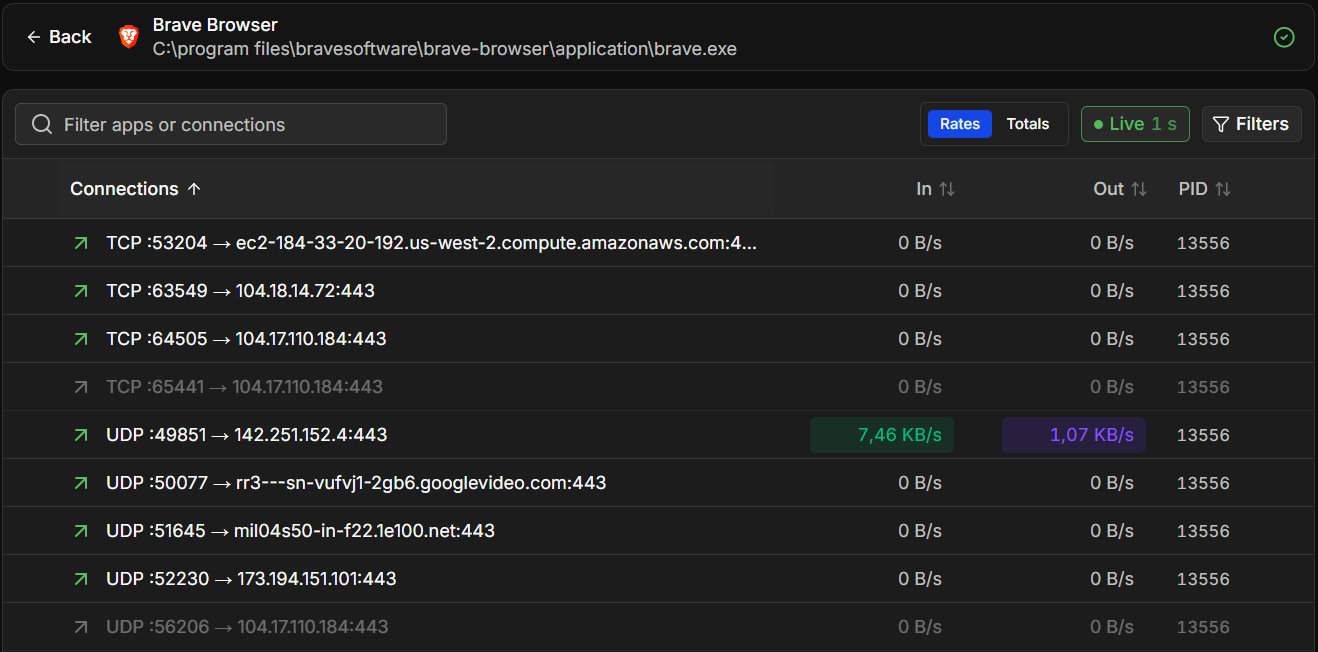 The connections of Brave Browser. Closed connections are dimmed. The connections of Brave Browser