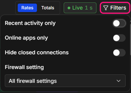 The open Filters menu