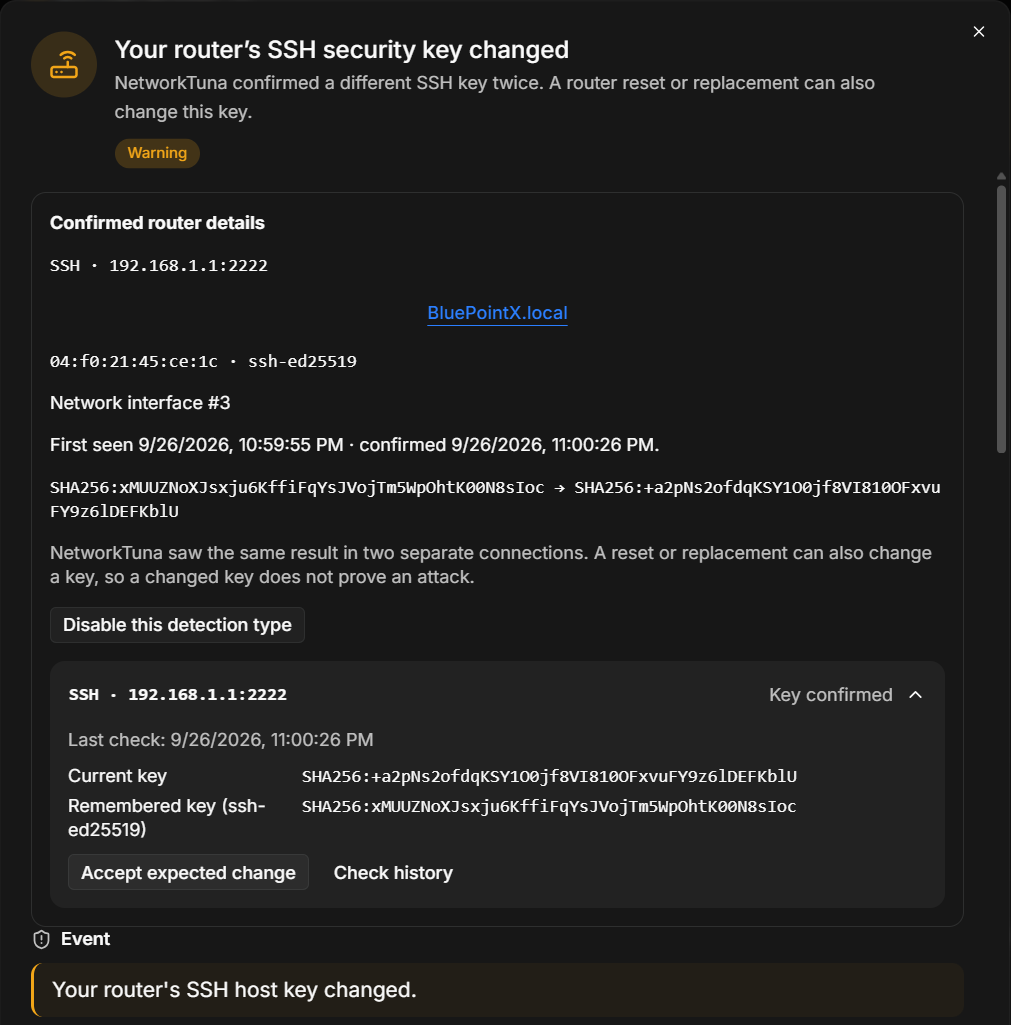 The details of a changed router SSH key