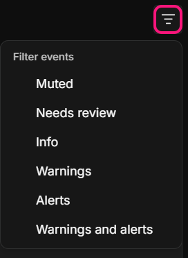 The filter menu of the Security Events page