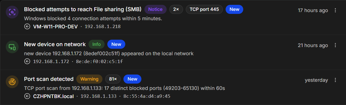 Three events in the list: a notice, an info event and a warning