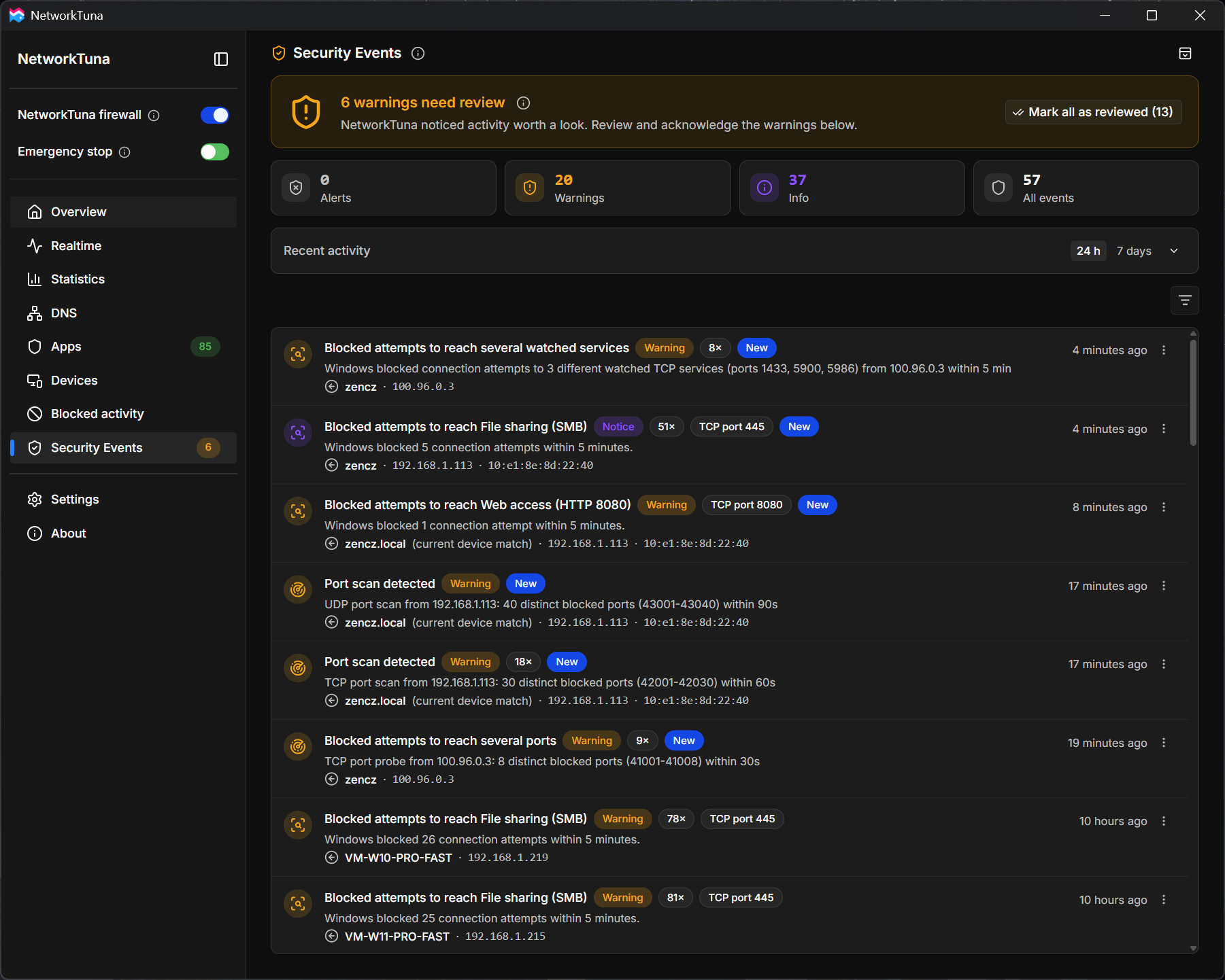 Security Events: port scans and attempts to reach watched services, six of them warnings that need review. The Security Events page with six warnings to review
