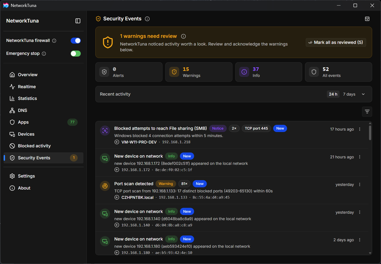 Security Events: a port scan, blocked attempts to reach file sharing (SMB) and new devices on the local network. The Security Events page with a warning to review