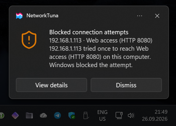 A device tried once to reach a web service on this PC, and Windows blocked the attempt. A NetworkTuna notification about a blocked attempt to reach a web service on port 8080