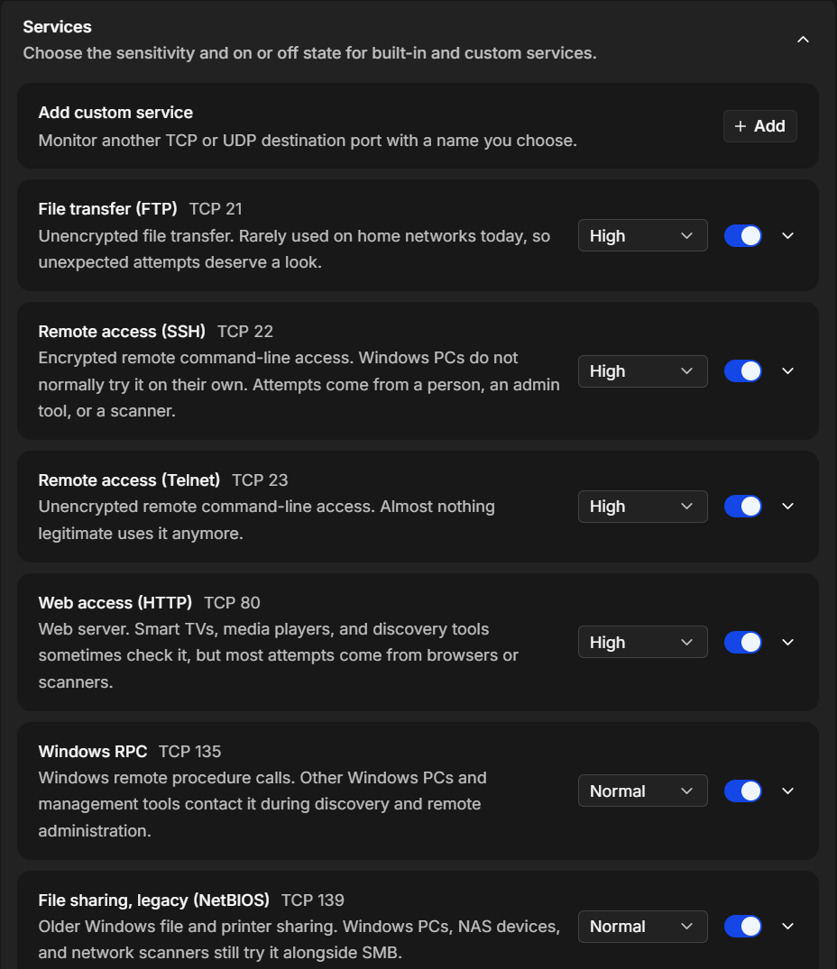 Services: every watched service with its level and its switch. The Services list in the Detections settings