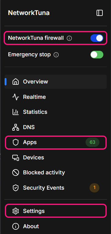 The NetworkTuna sidebar with the NetworkTuna firewall switch, Apps and Settings highlighted