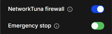 The NetworkTuna firewall and Emergency stop switches at the top of the sidebar. The NetworkTuna firewall and Emergency stop switches
