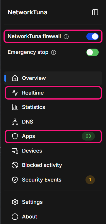 The NetworkTuna sidebar with the NetworkTuna firewall switch, Realtime and Apps highlighted