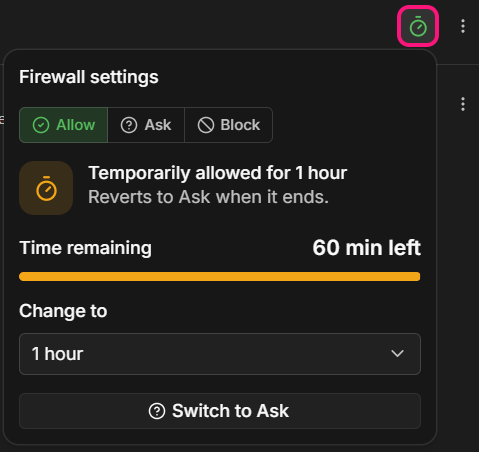 Google Chrome is allowed for 1 hour and goes back to Ask when the time is up. The firewall settings popover of an app that is allowed for 1 hour