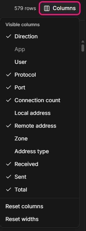 The open Columns menu