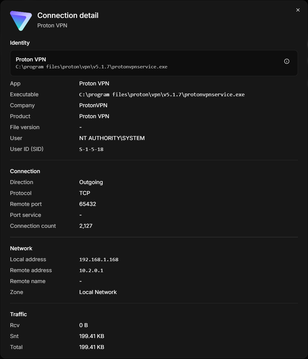 The Connection detail window of a Proton VPN row
