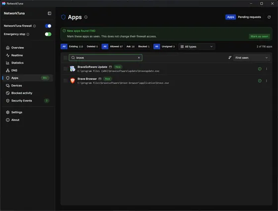 Application search and filters